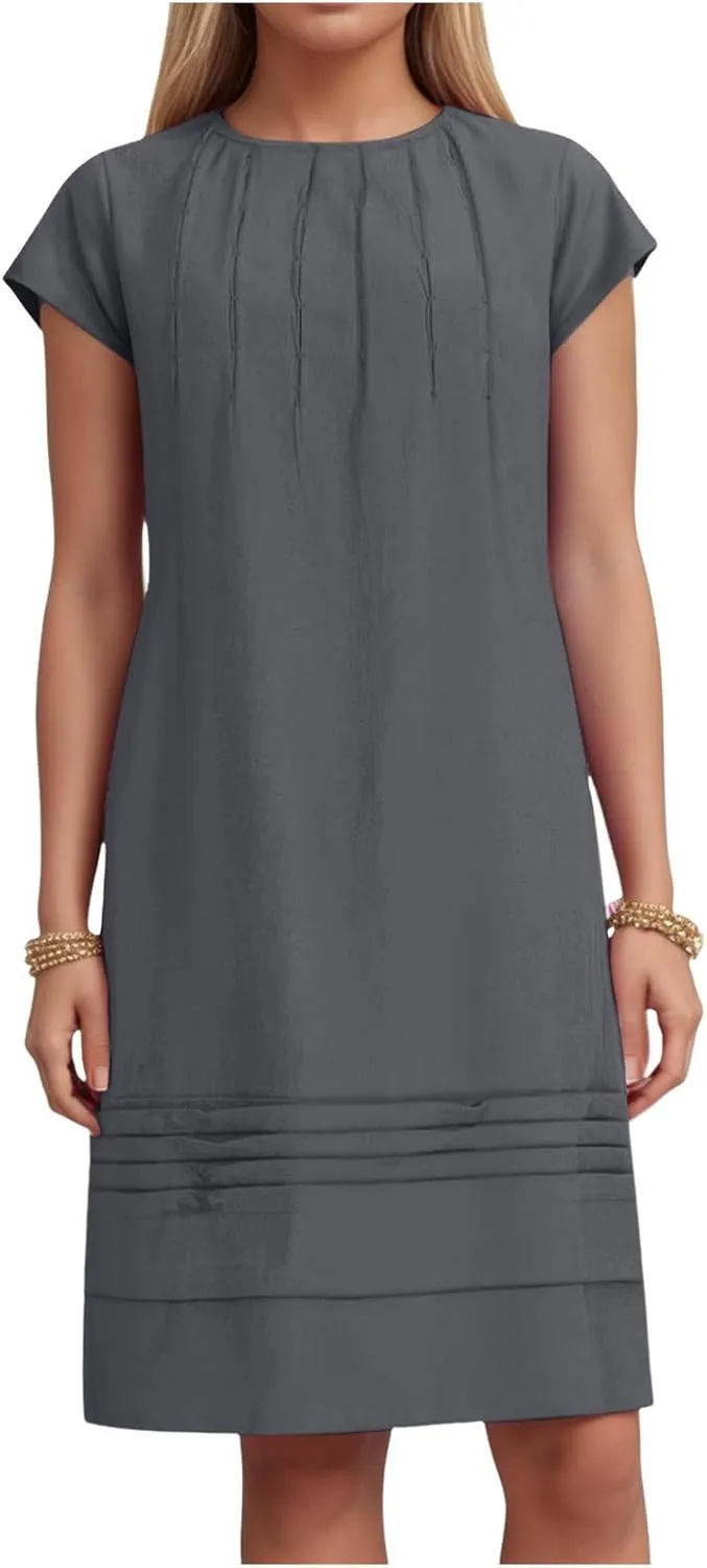 Women's Cotton Linen Midi Dress Plus Size Cap Sleeve Pleated Summer Vacation 2025 Crew Neck Casual Dresses
