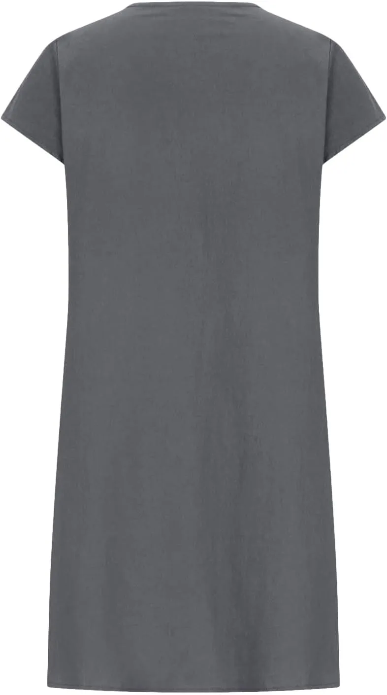 Women's Cotton Linen Midi Dress Plus Size Cap Sleeve Pleated Summer Vacation 2025 Crew Neck Casual Dresses