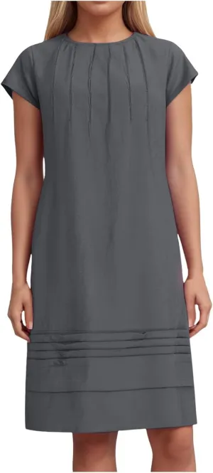Women's Cotton Linen Midi Dress Plus Size Cap Sleeve Pleated Summer Vacation 2025 Crew Neck Casual Dresses