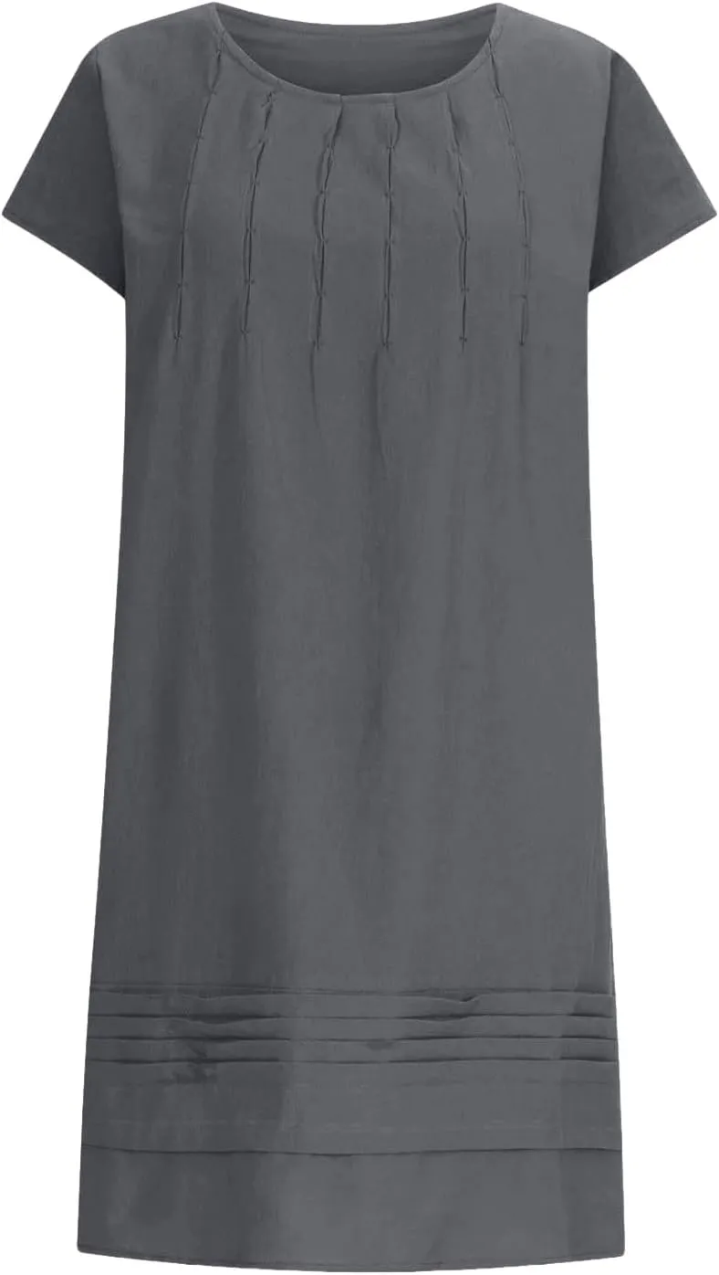 Women's Cotton Linen Midi Dress Plus Size Cap Sleeve Pleated Summer Vacation 2025 Crew Neck Casual Dresses