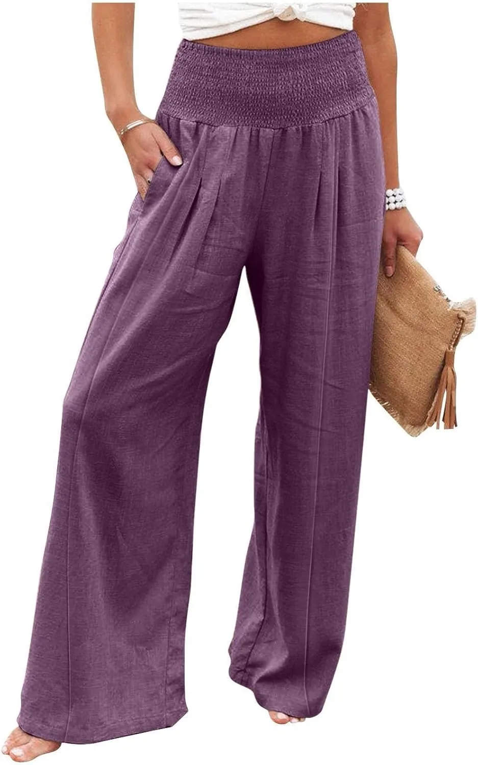 Women's Cotton Linen Summer Flowy Palazzo Lounge Pants Low Waist Ankle Length Loose Fit Palazzo Pants Work Business