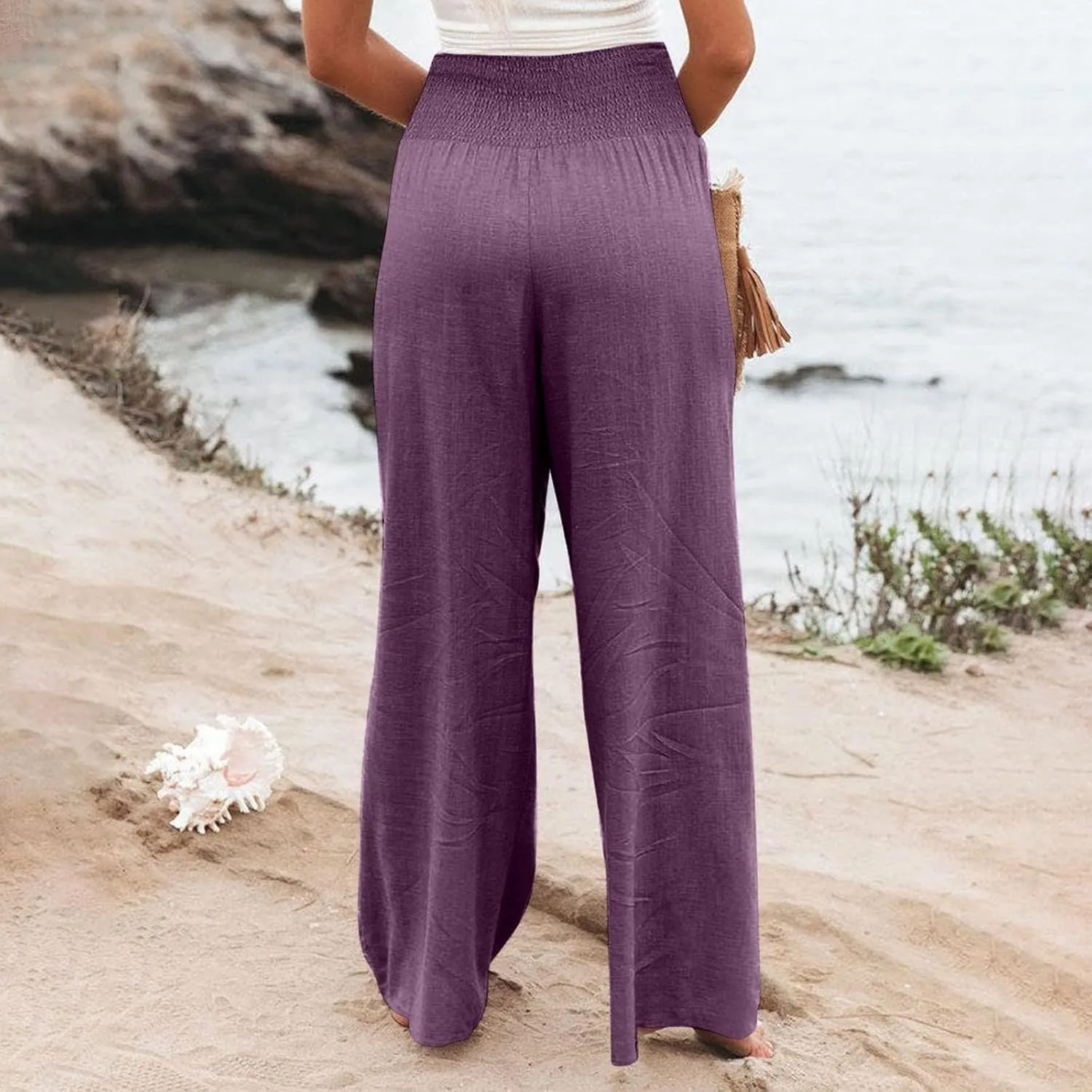 Women's Cotton Linen Summer Flowy Palazzo Lounge Pants Low Waist Ankle Length Loose Fit Palazzo Pants Work Business