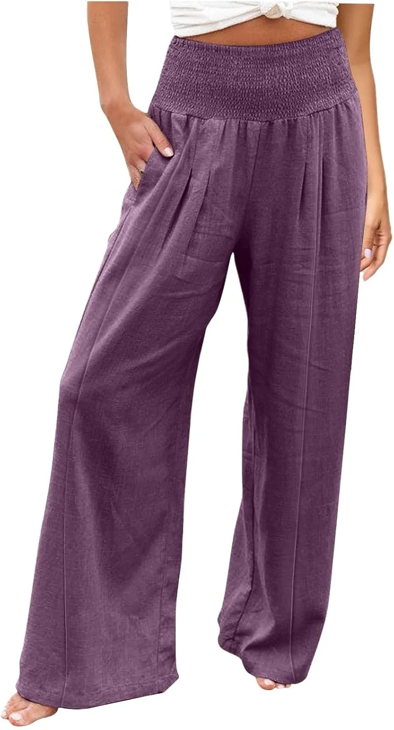 Women's Cotton Linen Summer Flowy Palazzo Lounge Pants Low Waist Ankle Length Loose Fit Palazzo Pants Work Business
