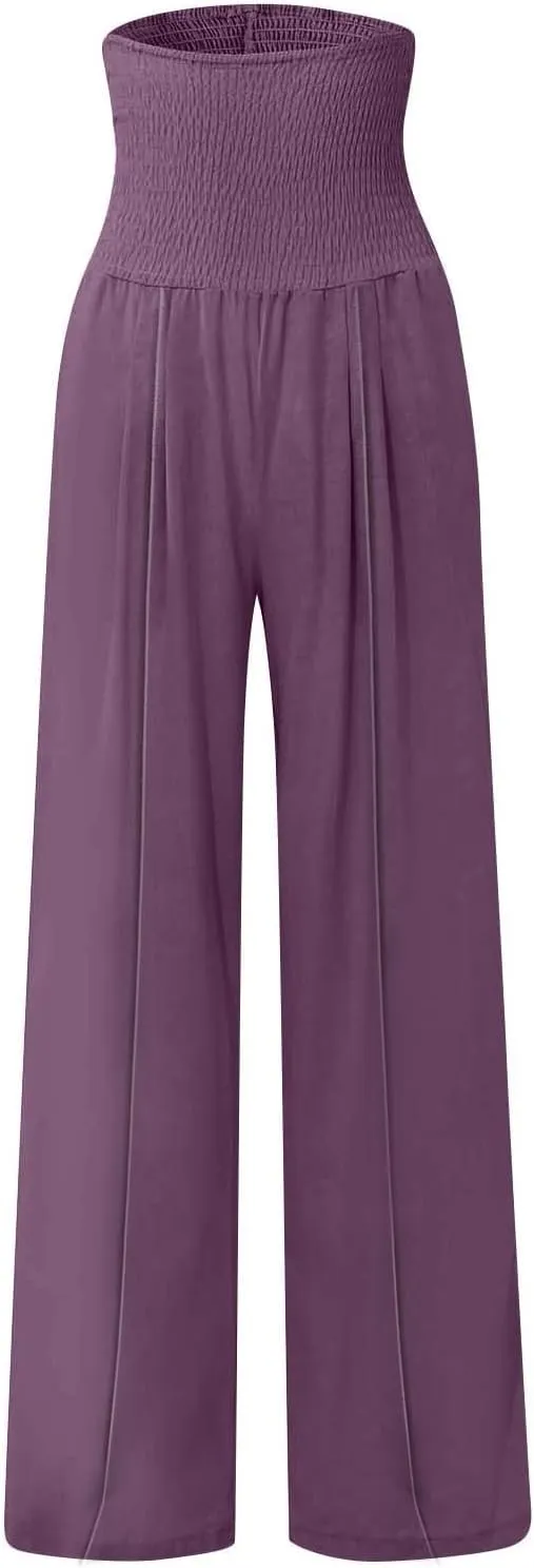 Women's Cotton Linen Summer Flowy Palazzo Lounge Pants Low Waist Ankle Length Loose Fit Palazzo Pants Work Business