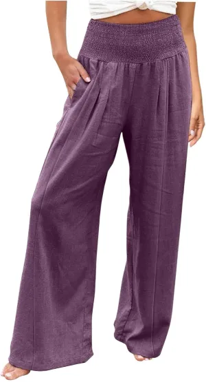 Women's Cotton Linen Summer Flowy Palazzo Lounge Pants Low Waist Ankle Length Loose Fit Palazzo Pants Work Business
