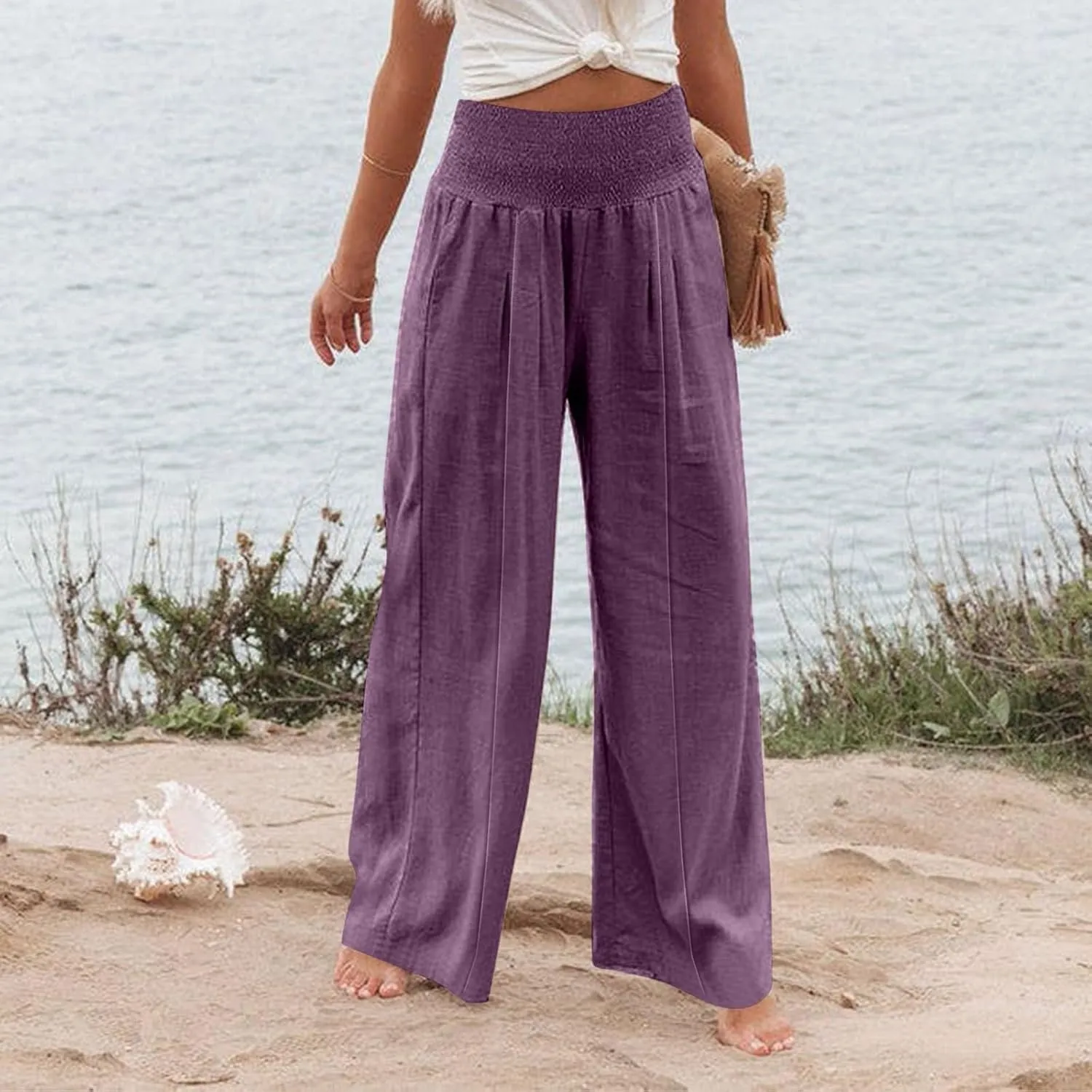 Women's Cotton Linen Summer Flowy Palazzo Lounge Pants Low Waist Ankle Length Loose Fit Palazzo Pants Work Business