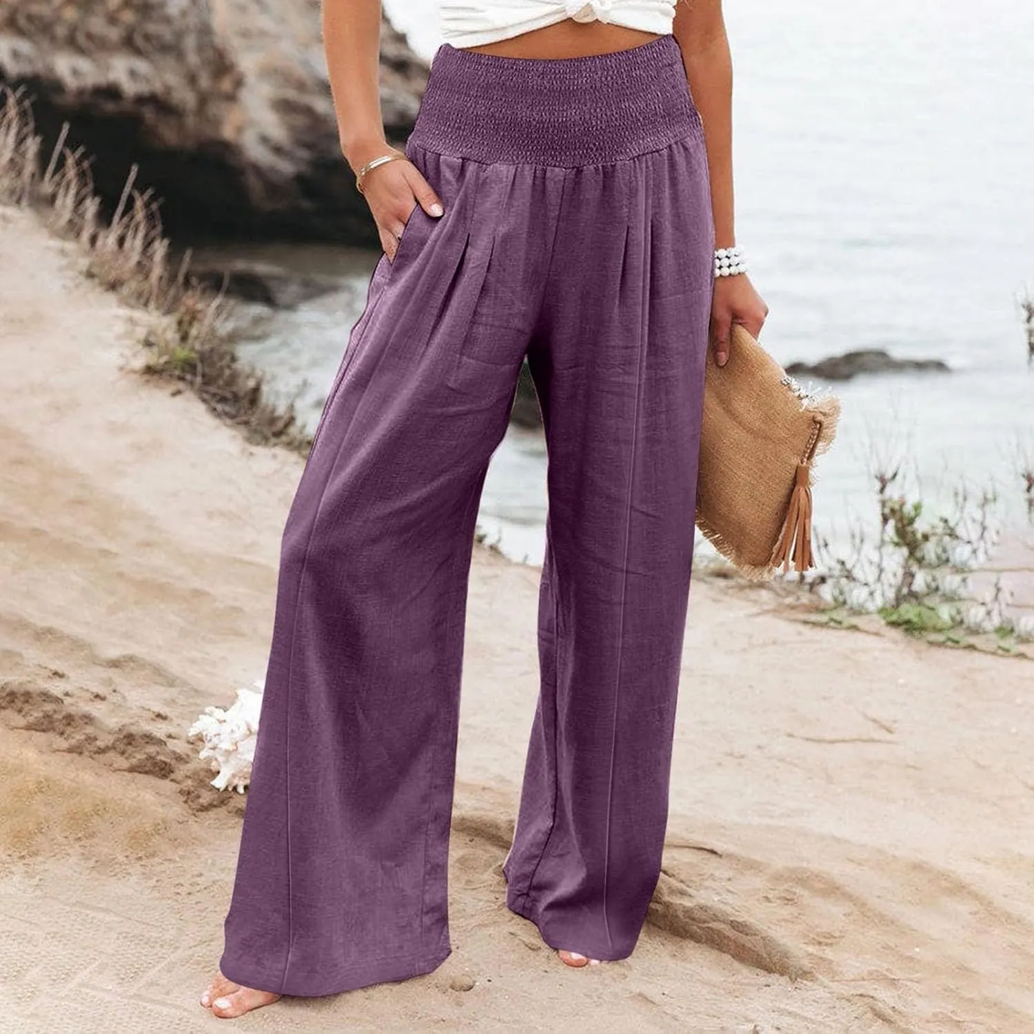 Women's Cotton Linen Summer Flowy Palazzo Lounge Pants Low Waist Ankle Length Loose Fit Palazzo Pants Work Business