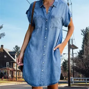 Women's Denim Shirt Dress - Button Down - Short Sleeve - Relaxed Fit - Chest Pockets