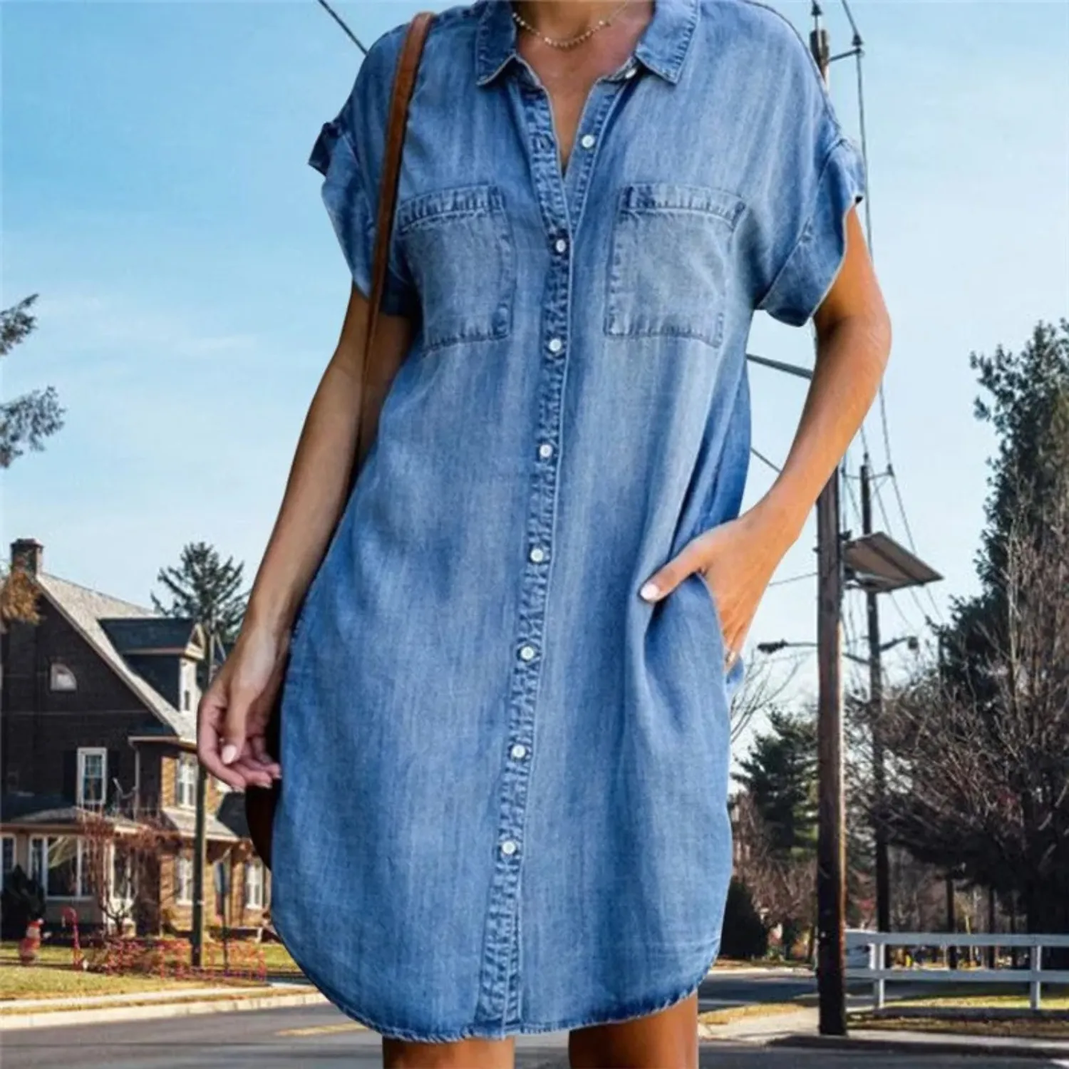 Women's Denim Shirt Dress - Button Down - Short Sleeve - Relaxed Fit - Chest Pockets