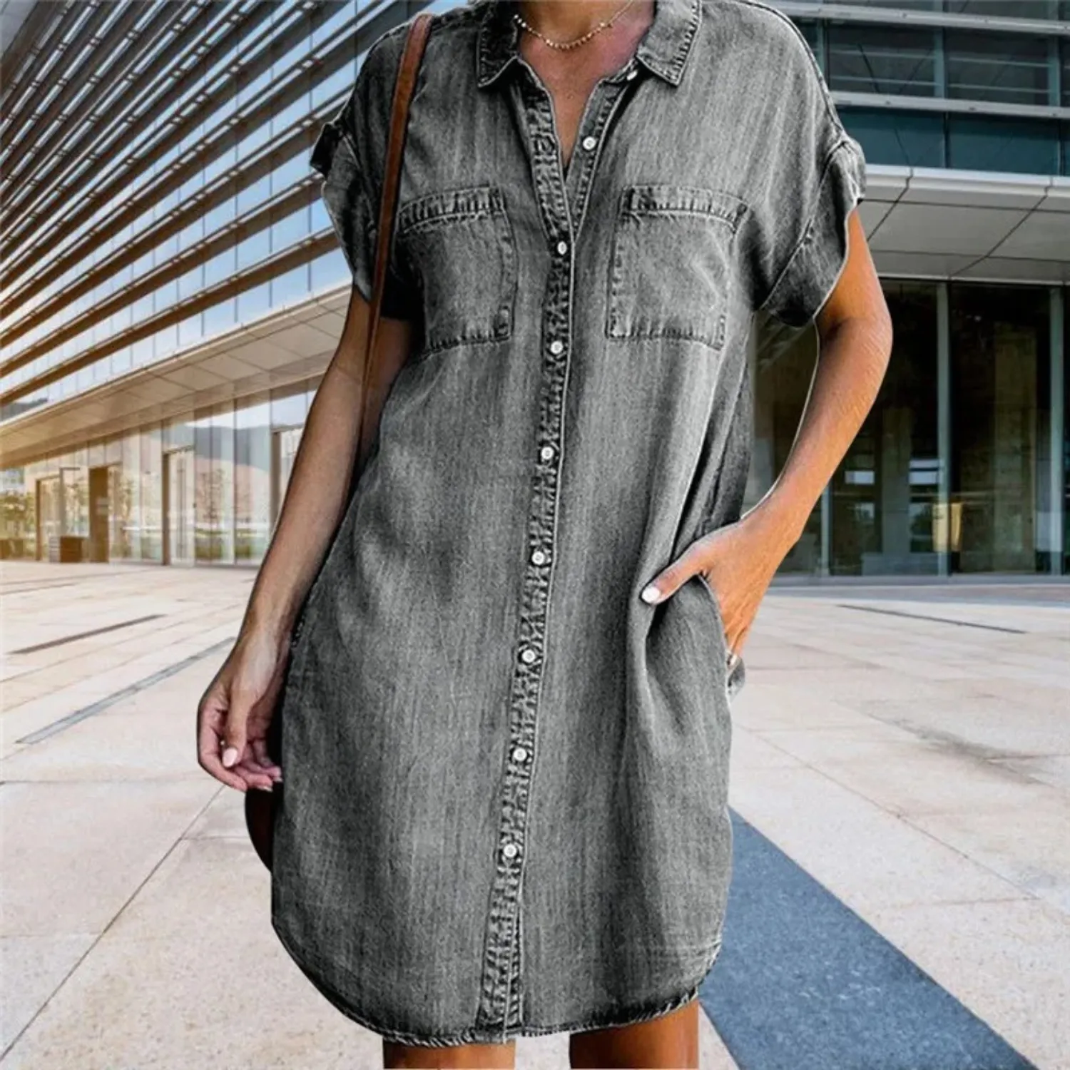 Women's Denim Shirt Dress - Button Down - Short Sleeve - Relaxed Fit - Chest Pockets