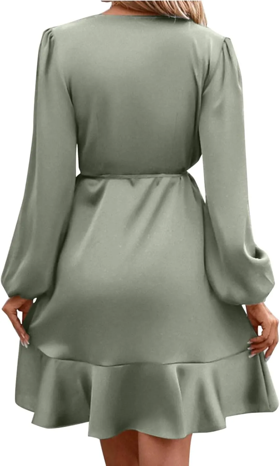Women's Dressy Satin A-Line Dress Wrap V Neck Ruffle Mini Dresses Lantern Long Sleeves Belted Elegant Flared Dress
