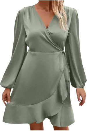 Women's Dressy Satin A-Line Dress Wrap V Neck Ruffle Mini Dresses Lantern Long Sleeves Belted Elegant Flared Dress
