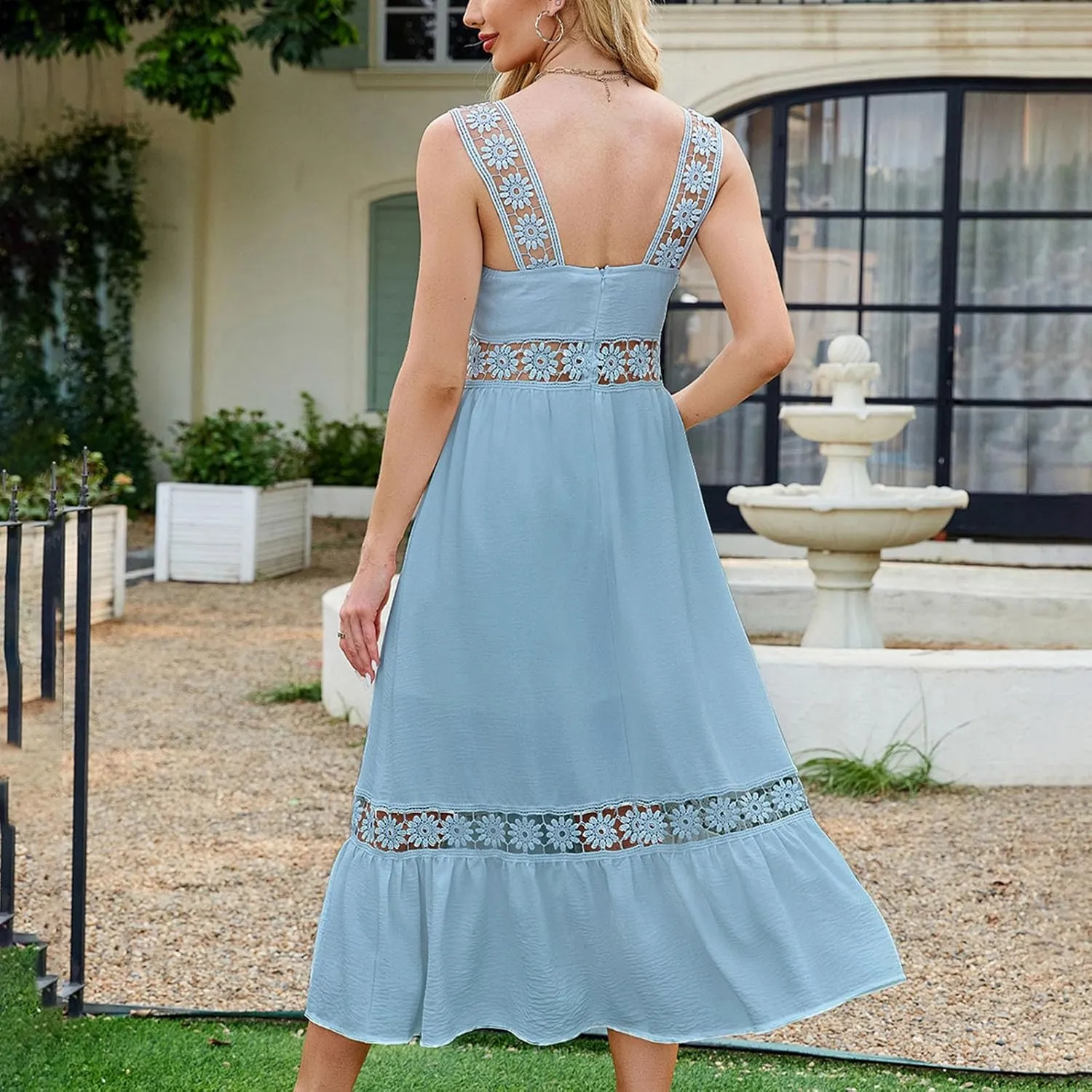 Women's Floral Hollow Out Zip Back Cami Dress High Waist Tiered Midi Dress Summer Sleeveless Flowy Casual Sundress