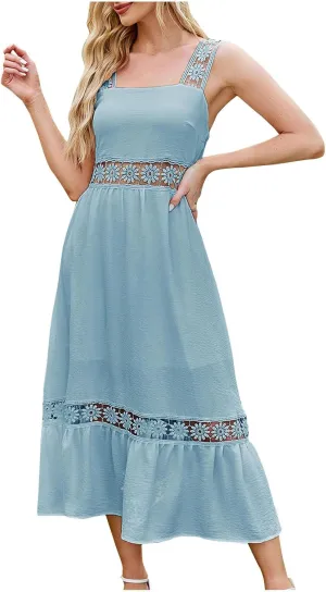 Women's Floral Hollow Out Zip Back Cami Dress High Waist Tiered Midi Dress Summer Sleeveless Flowy Casual Sundress