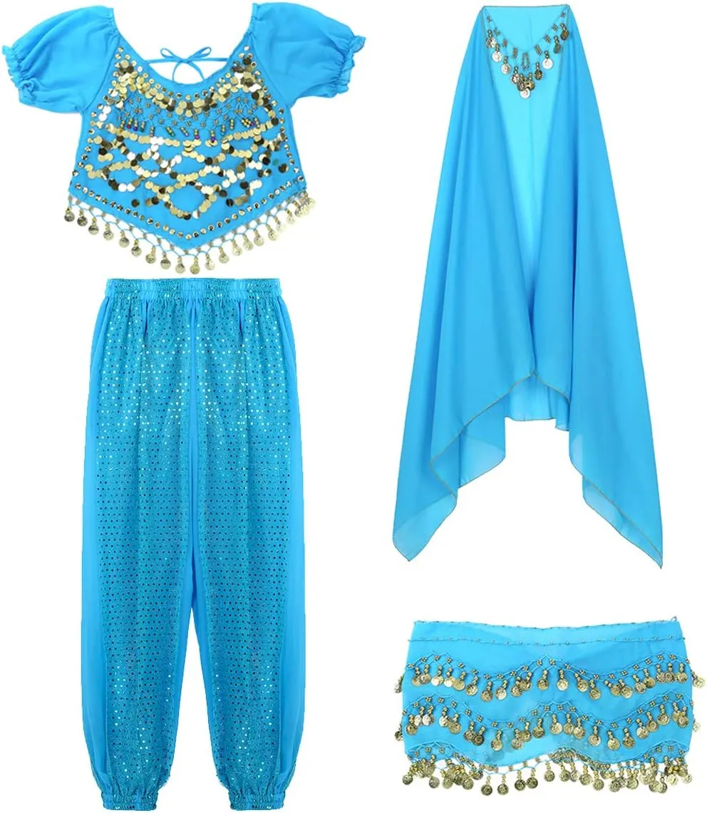 Women's India Shiny Coin Tassel Belly Dance Set Crop Top with Harem Pants Hip Scarf Head Scarfs