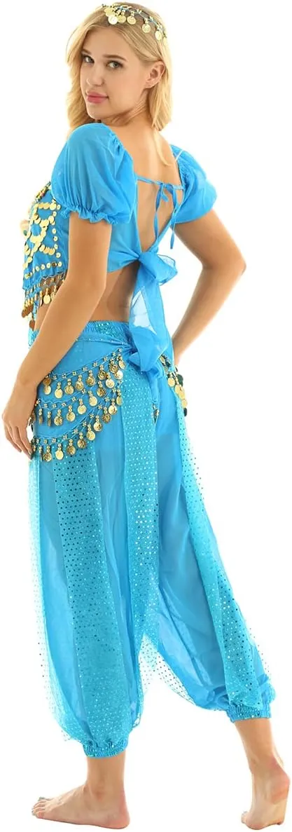 Women's India Shiny Coin Tassel Belly Dance Set Crop Top with Harem Pants Hip Scarf Head Scarfs