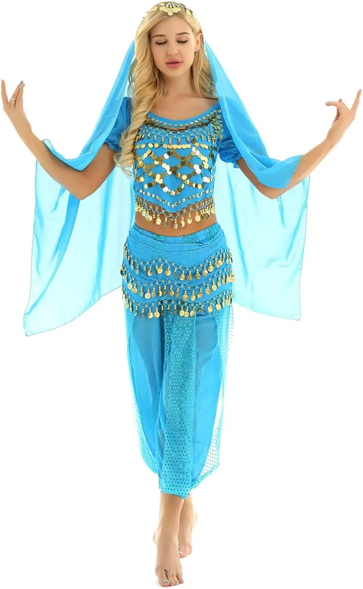Women's India Shiny Coin Tassel Belly Dance Set Crop Top with Harem Pants Hip Scarf Head Scarfs
