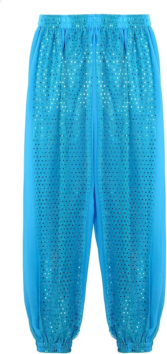 Women's India Shiny Coin Tassel Belly Dance Set Crop Top with Harem Pants Hip Scarf Head Scarfs