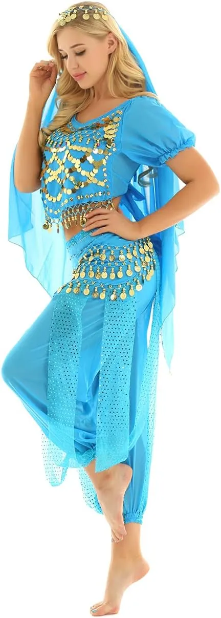 Women's India Shiny Coin Tassel Belly Dance Set Crop Top with Harem Pants Hip Scarf Head Scarfs