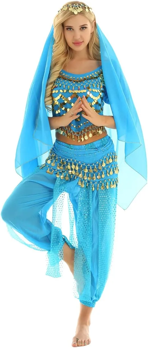 Women's India Shiny Coin Tassel Belly Dance Set Crop Top with Harem Pants Hip Scarf Head Scarfs