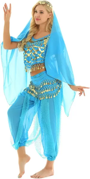 Women's India Shiny Coin Tassel Belly Dance Set Crop Top with Harem Pants Hip Scarf Head Scarfs