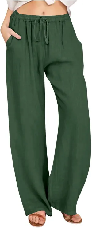 Women's Linen Pants Drawstring High Waist Beach Palazzo Pants Casual Wide Leg Trousers with Pockets Summer Clothes