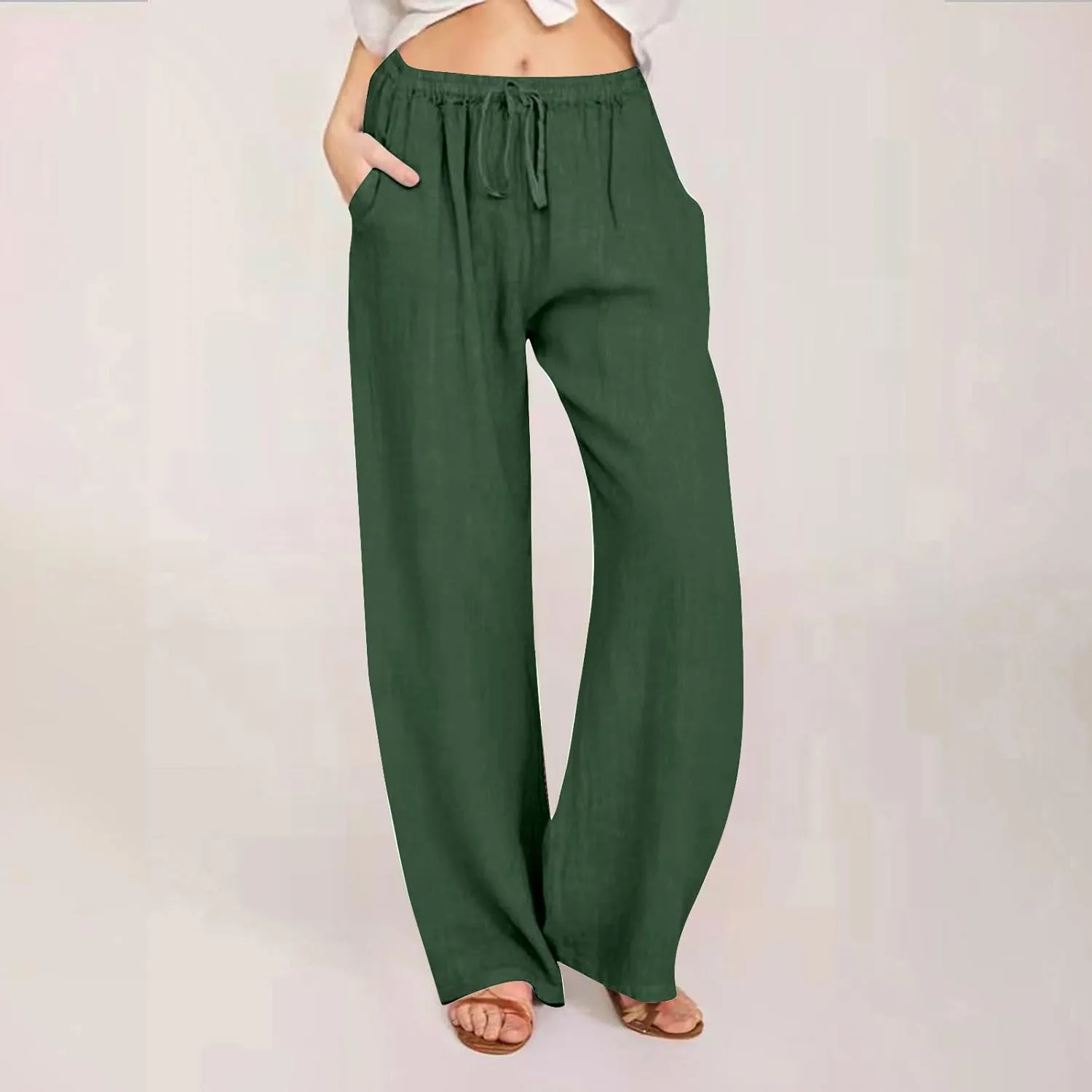 Women's Linen Pants Drawstring High Waist Beach Palazzo Pants Casual Wide Leg Trousers with Pockets Summer Clothes