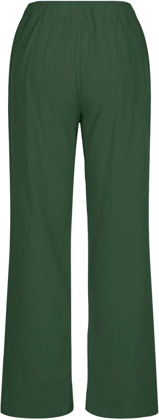 Women's Linen Pants Drawstring High Waist Beach Palazzo Pants Casual Wide Leg Trousers with Pockets Summer Clothes