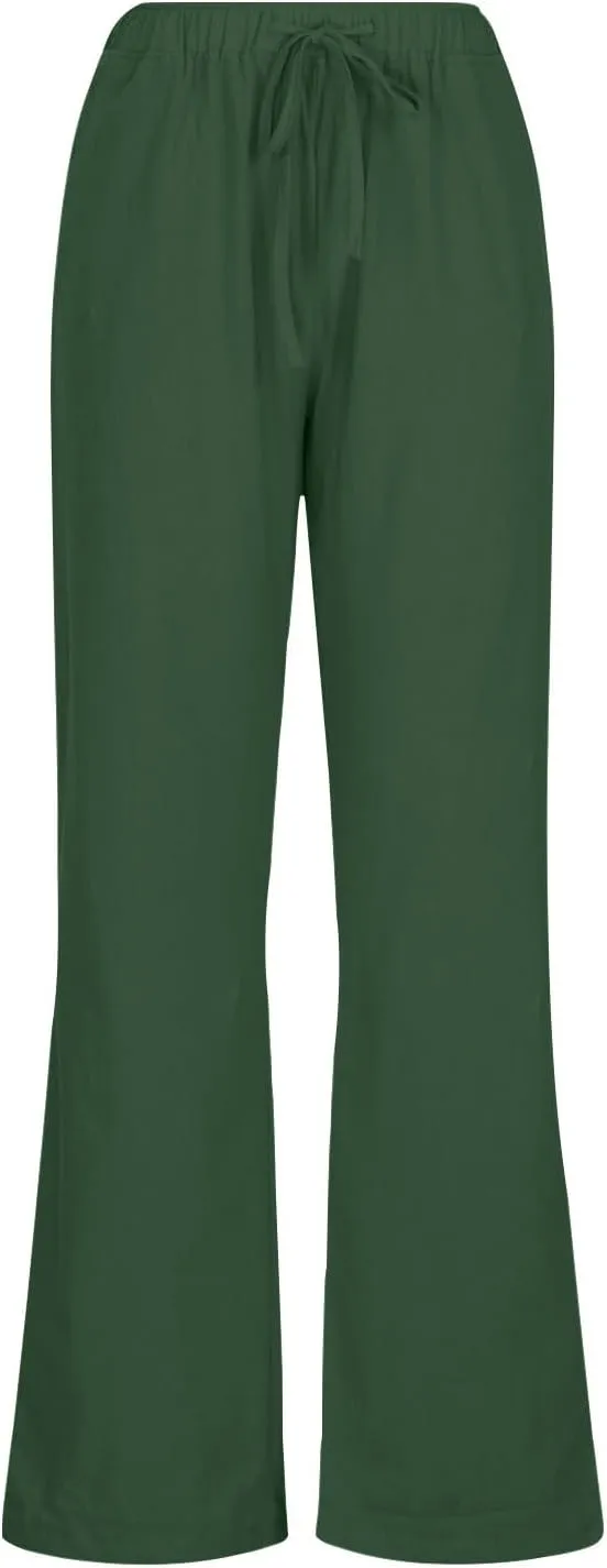 Women's Linen Pants Drawstring High Waist Beach Palazzo Pants Casual Wide Leg Trousers with Pockets Summer Clothes