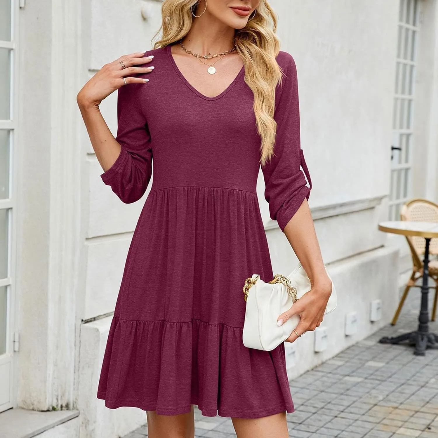 Women's Mini Dress V Neck Roll 3/4 Sleeve A Line Dresses Loose Fit Ruffle Flowy Boho Short Beach Sundresses