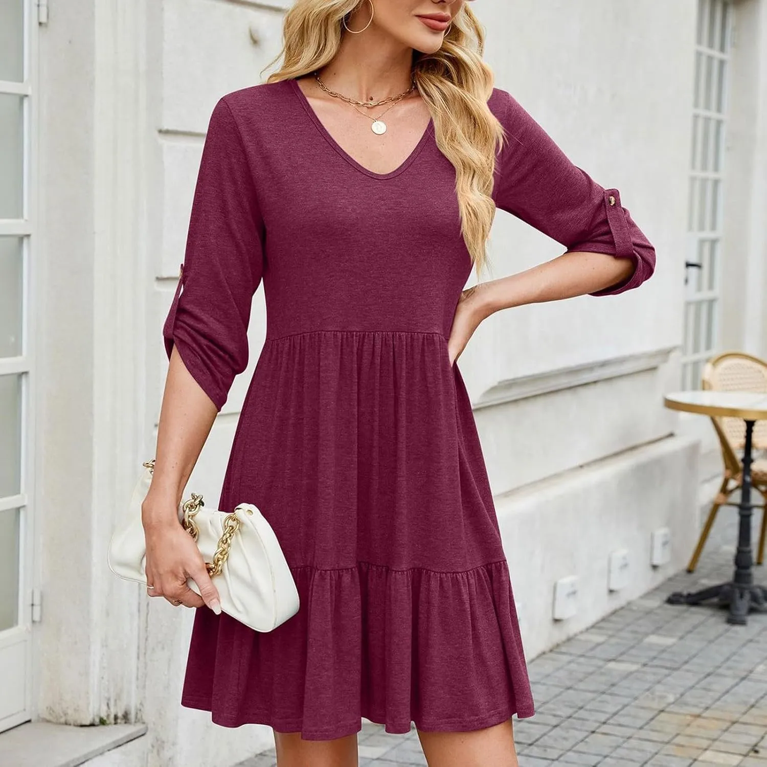Women's Mini Dress V Neck Roll 3/4 Sleeve A Line Dresses Loose Fit Ruffle Flowy Boho Short Beach Sundresses
