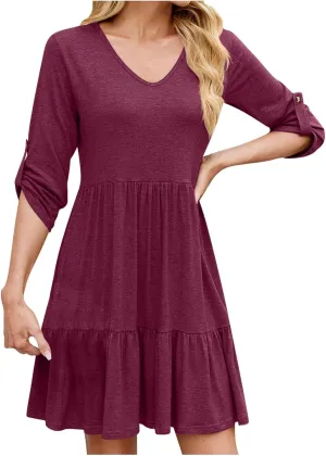 Women's Mini Dress V Neck Roll 3/4 Sleeve A Line Dresses Loose Fit Ruffle Flowy Boho Short Beach Sundresses