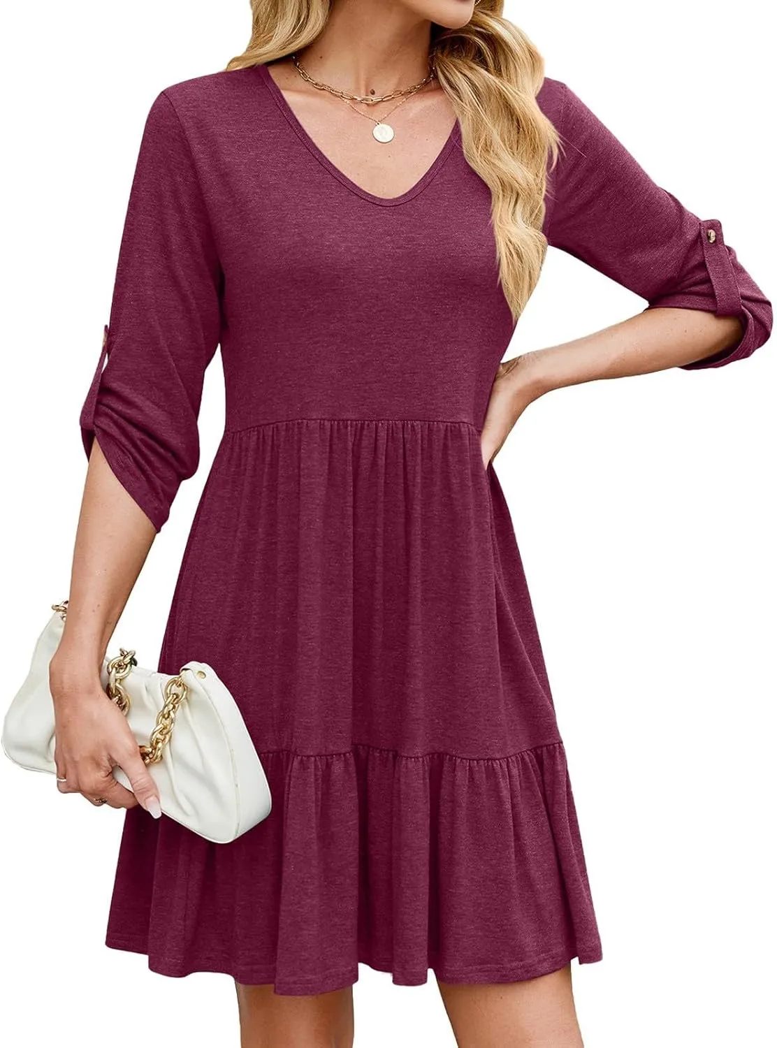 Women's Mini Dress V Neck Roll 3/4 Sleeve A Line Dresses Loose Fit Ruffle Flowy Boho Short Beach Sundresses