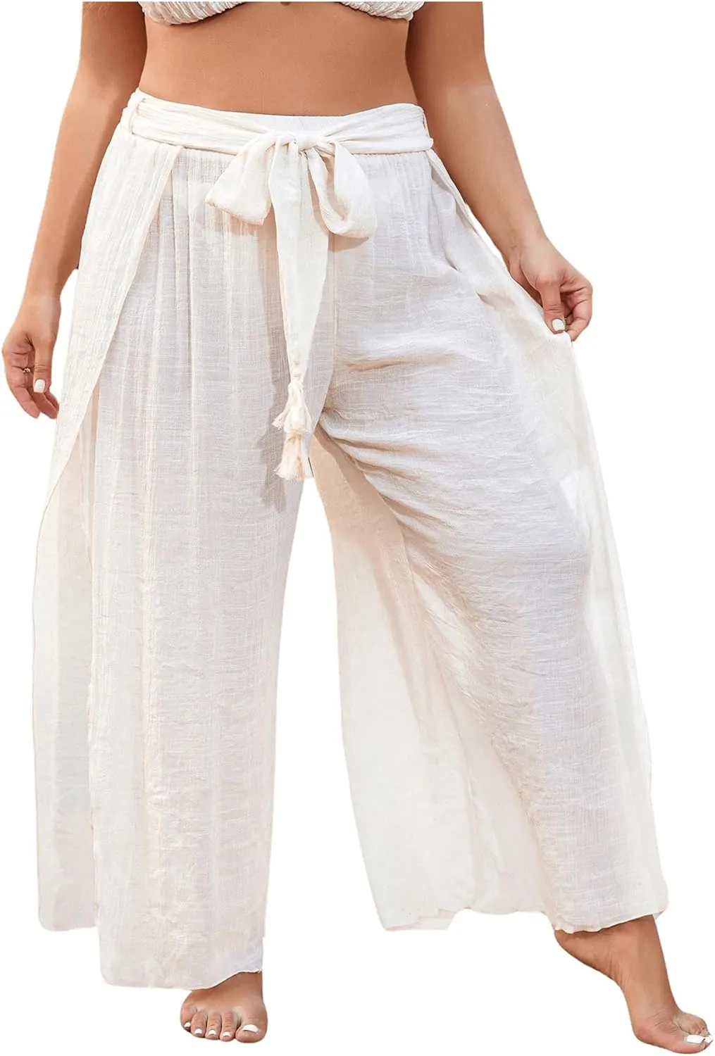 Women's Plus Cover Up Beach Pants Belted Tie Front Split Thigh Bathing Suit Beach Cover Up Pants