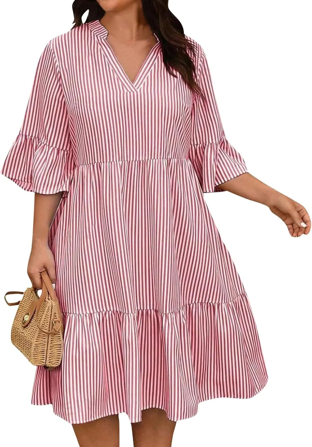 Women's Plus Size Dresses for Curvy Summer Striped Loose Short Sleeve V Neck Layered Ruffle Hem Midi Dress