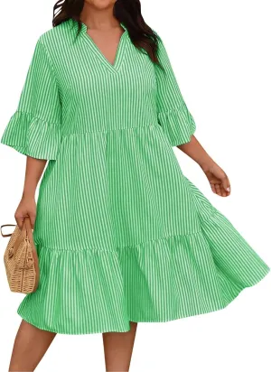 Women's Plus Size Dresses for Curvy Summer Striped Loose Short Sleeve V Neck Layered Ruffle Hem Midi Dress