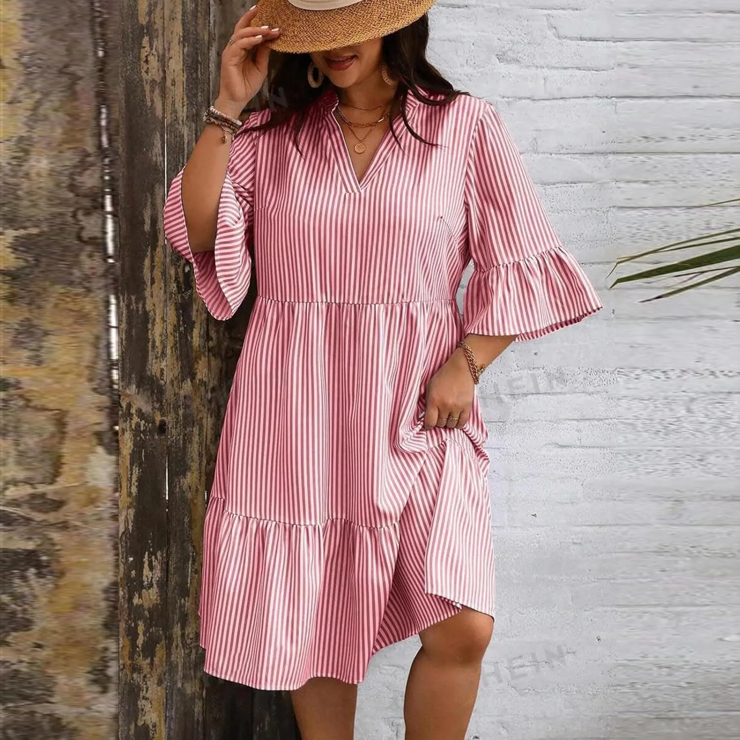 Women's Plus Size Dresses for Curvy Summer Striped Loose Short Sleeve V Neck Layered Ruffle Hem Midi Dress