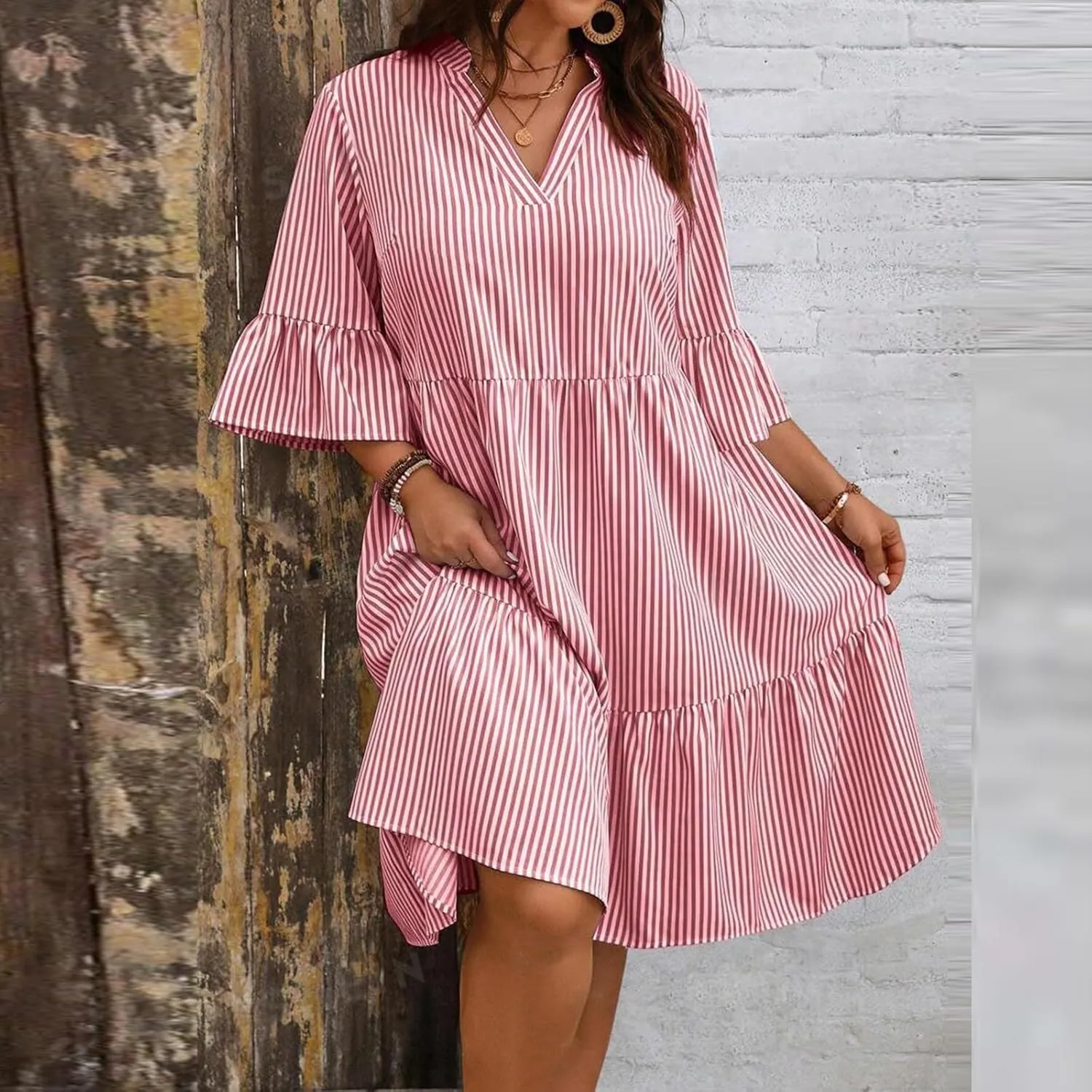 Women's Plus Size Dresses for Curvy Summer Striped Loose Short Sleeve V Neck Layered Ruffle Hem Midi Dress