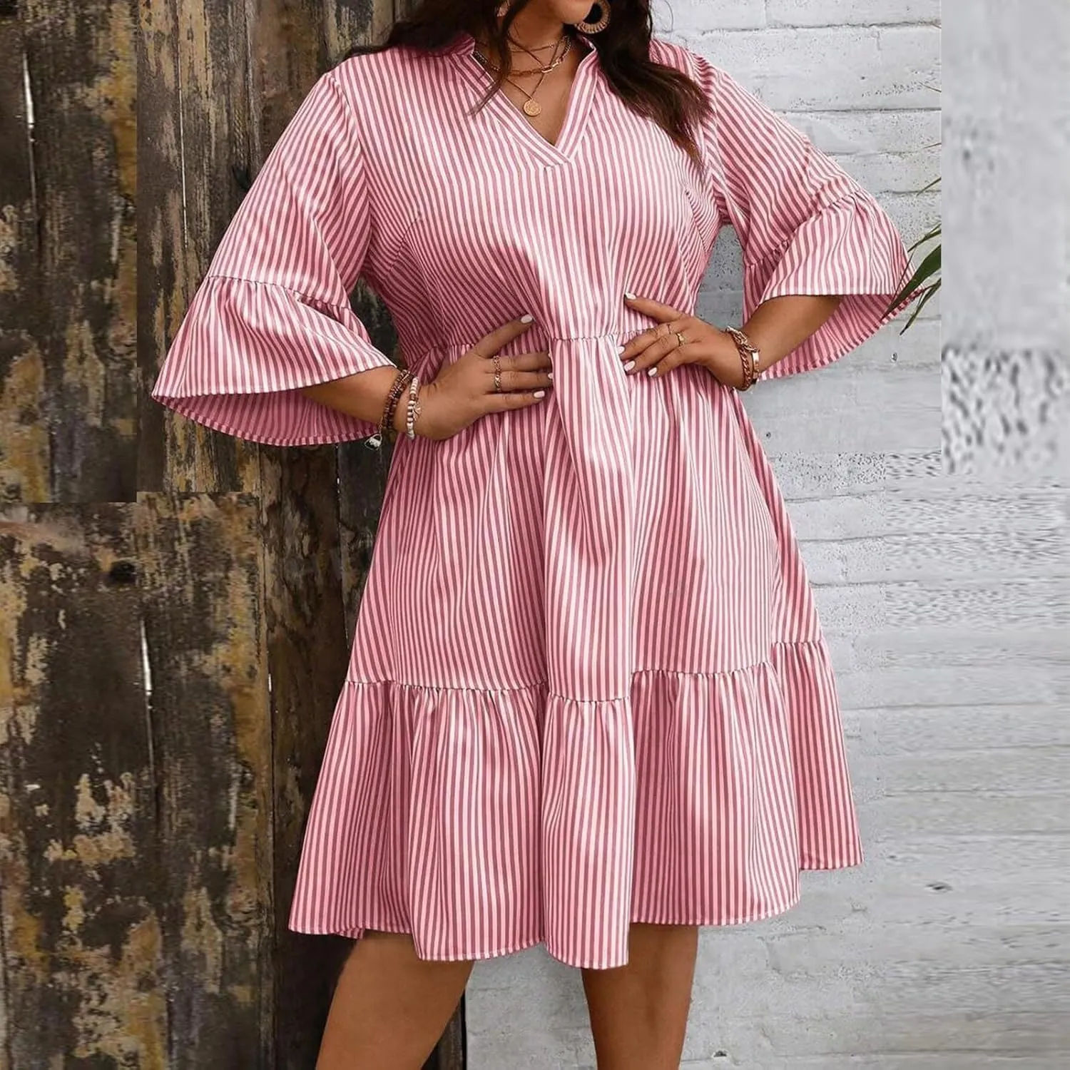 Women's Plus Size Dresses for Curvy Summer Striped Loose Short Sleeve V Neck Layered Ruffle Hem Midi Dress