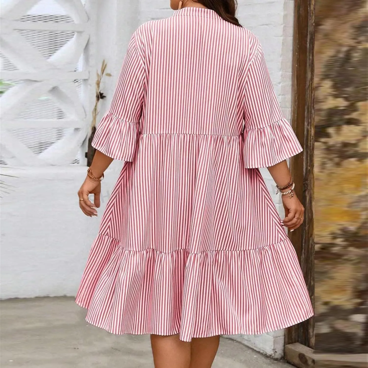 Women's Plus Size Dresses for Curvy Summer Striped Loose Short Sleeve V Neck Layered Ruffle Hem Midi Dress
