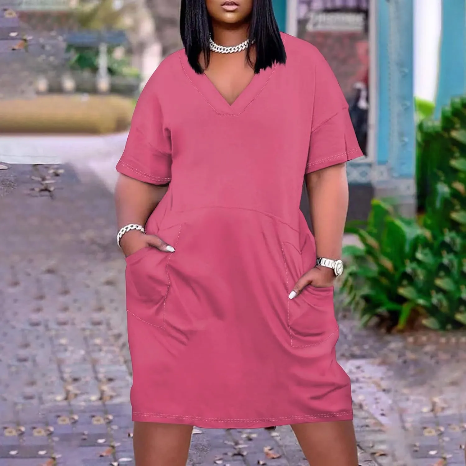 Women's Plus Size Dresses for Curvy Summer V Neck Short Sleeve Solid Midi Oversized T Shirt Dresses, L-5XL