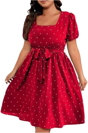 Womens Plus Size Short Puff Sleeve Dress Square Neck Belted Midi Dress High Waist Polka Dot Print Knee Length Dress
