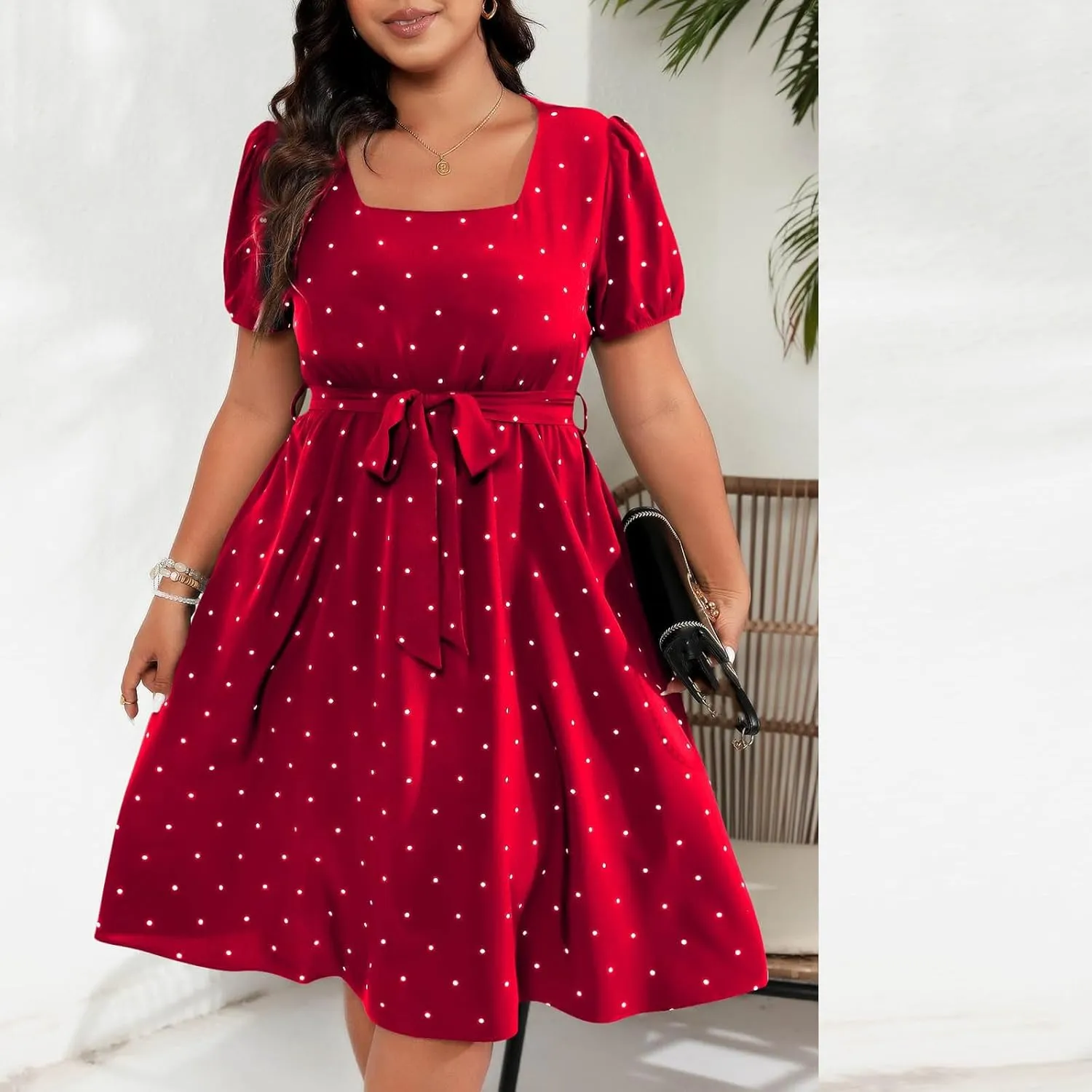 Womens Plus Size Short Puff Sleeve Dress Square Neck Belted Midi Dress High Waist Polka Dot Print Knee Length Dress