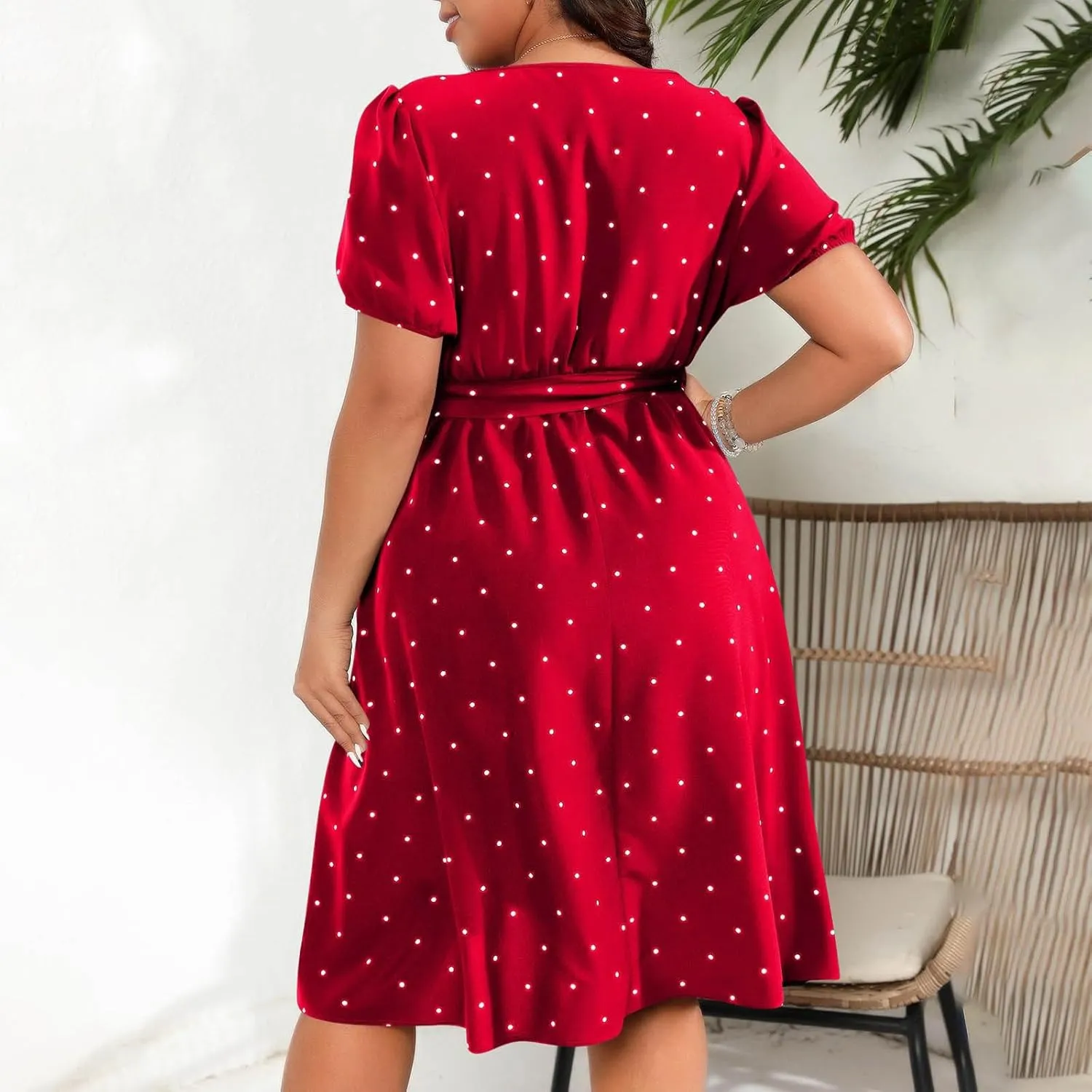 Womens Plus Size Short Puff Sleeve Dress Square Neck Belted Midi Dress High Waist Polka Dot Print Knee Length Dress