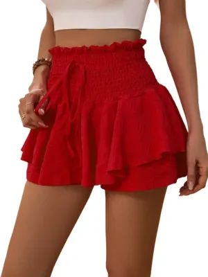 Women's Ruffle Hem Skort with Tie Belt and Elastic Fall Womens Short Pants