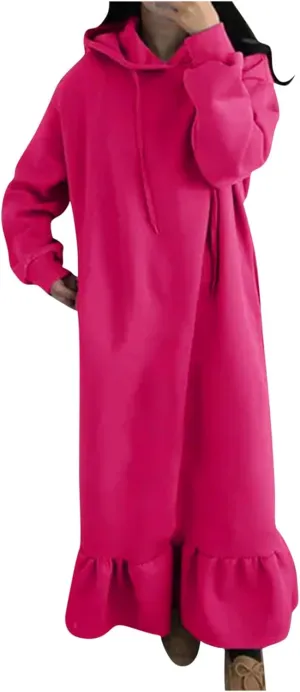 Women's Ruffle Hem Winter Maxi Sweatshirt Dress Plus Size Hooded Long Sleeve Casual Loose Fit Robe Shirt Dresses