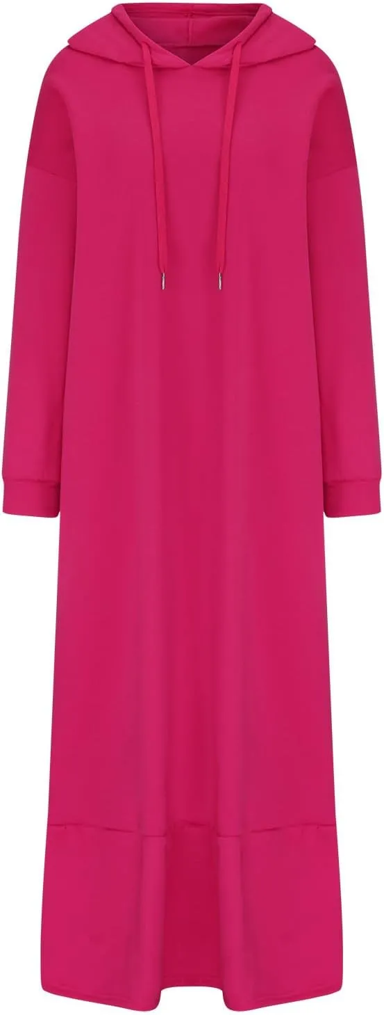 Women's Ruffle Hem Winter Maxi Sweatshirt Dress Plus Size Hooded Long Sleeve Casual Loose Fit Robe Shirt Dresses