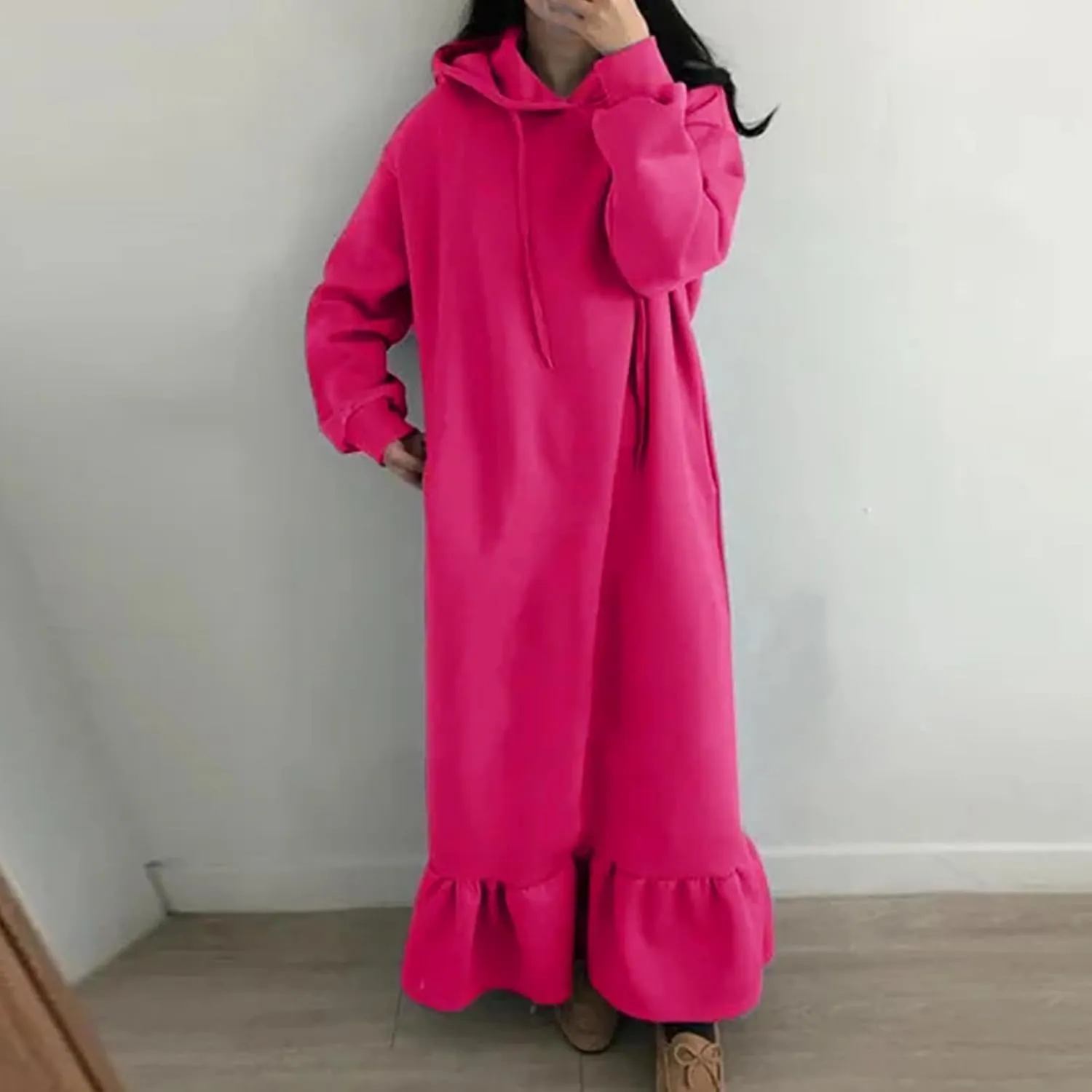 Women's Ruffle Hem Winter Maxi Sweatshirt Dress Plus Size Hooded Long Sleeve Casual Loose Fit Robe Shirt Dresses