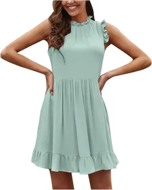 Womens Ruffle Neckline Sleeveless Summer Dress High Waist Pleated Smocked Casual Short Mini Dresses Beach Dress 2024