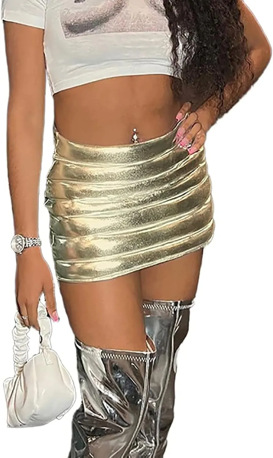 Women's Sexy High Waist Faux Leather Lace Up Side Hollow Out Bodycon Tight Mini Skirt Shiny Metallic Ruched Skirts